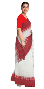 White Handspun Cotton Saree with Red Border-Handspun Cotton-parinitasarees