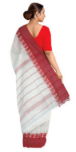 White Handspun Cotton Saree with Red Border-Handspun Cotton-parinitasarees