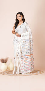 White Khes Kantha Saree with Floral Patterns-Kantha saree-parinitasarees