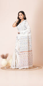 White Khes Kantha Saree with Floral Patterns-Kantha saree-parinitasarees