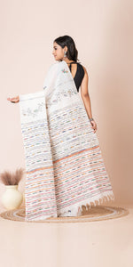 White Khes Kantha Saree with Floral Patterns-Kantha saree-parinitasarees