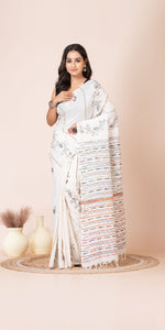 White Khes Kantha Saree with Floral Patterns-Kantha saree-parinitasarees