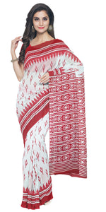 White Mul Cotton Saree with Floral Block Prints-Mul Cotton-parinitasarees