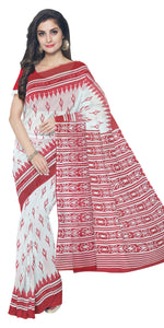 White Mul Cotton Saree with Floral Block Prints-Mul Cotton-parinitasarees