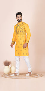 Yellow Dupion Silk Panjabi with Kantha Embroidery-Men's Kurtas-parinitasarees