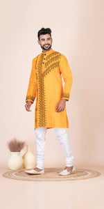 Yellow Dupion Silk Panjabi with Kantha Embroidery-Men's Kurtas-parinitasarees