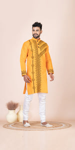 Yellow Dupion Silk Panjabi with Kantha Embroidery-Men's Kurtas-parinitasarees