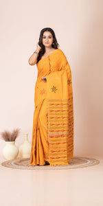 Yellow Khes Kantha Saree with Floral Patterns-Kantha saree-parinitasarees