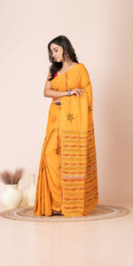 Yellow Khes Kantha Saree with Floral Patterns-Kantha saree-parinitasarees