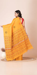 Yellow Khes Kantha Saree with Floral Patterns-Kantha saree-parinitasarees