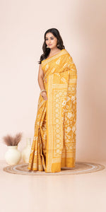 Yellow Pure Silk Kantha Saree with Floral Motifs-Kantha saree-parinitasarees