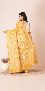 Yellow Pure Silk Kantha Saree with Floral Motifs-Kantha saree-parinitasarees