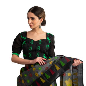 Black Designer Blouse with Warli Paintings-Blouse-parinitasarees