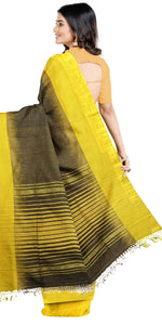 Black Handspun Cotton Saree with Yellow Border-Handspun Cotton-parinitasarees