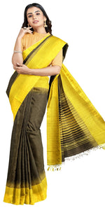 Black Handspun Cotton Saree with Yellow Border-Handspun Cotton-parinitasarees