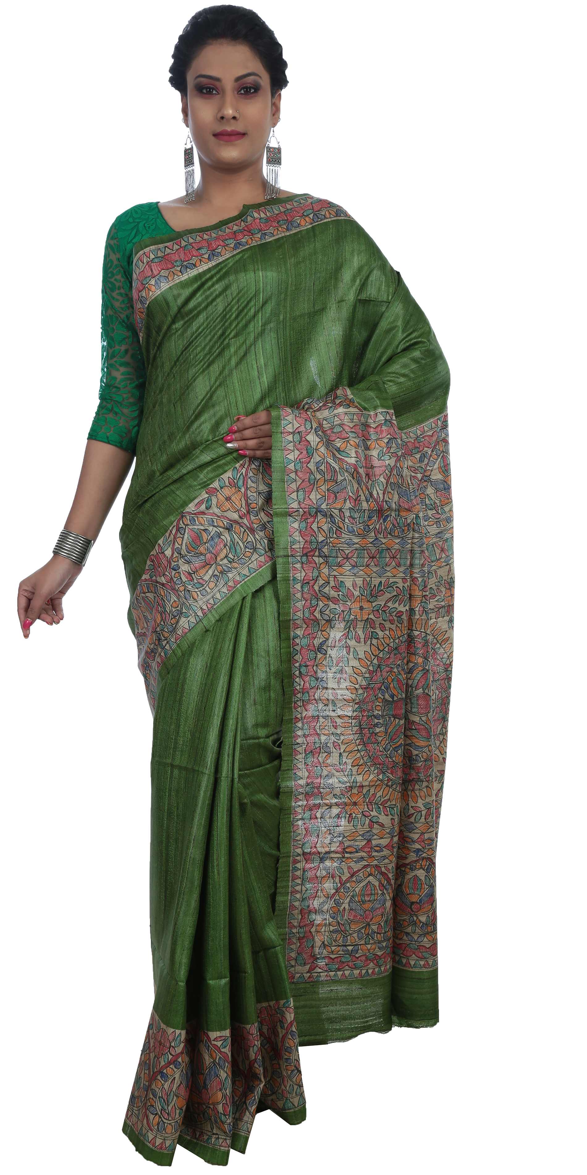 Green Tussar Silk Saree with Madhubani Painting – Parinita Sarees and  Fashion