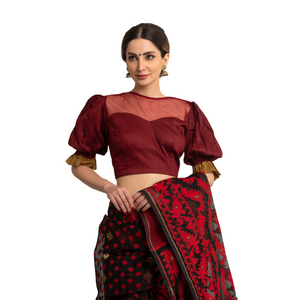 Maroon Designer Blouse with Illusion Neck-Blouse-parinitasarees