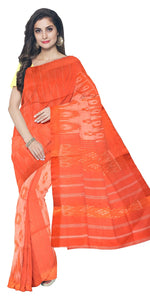 Vibrant Orange Tant Cotton with Ikat Pattern-Tant saree-parinitasarees